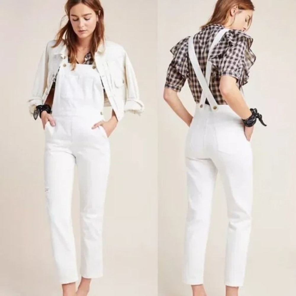 Pilcro and the Letterpress by Anthropologie‎ White Denim Bib Overalls Sz 26 or 2